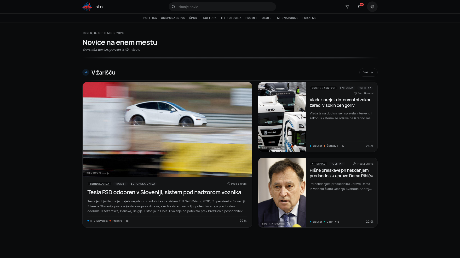 Isto homepage in dark mode